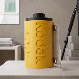 Può includere: Un contenitore cilindrico giallo progettato per assomigliare a un rullino fotografico da 35 mm con un tappo nero. La parola Kodak e il numero 400 sono impressi verticalmente sul lato. Una piccola striscia di pellicola perforata sporge a destra.