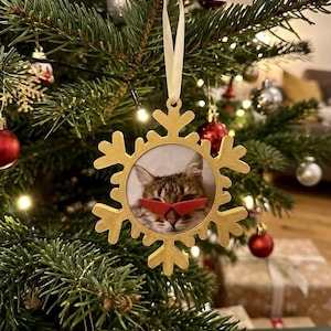 Può includere: Una decorazione natalizia dorata a forma di fiocco di neve con un inserto circolare centrale che mostra la fotografia di un gatto tigrato marrone che indossa piccoli occhiali da sole rossi a punta. L'ornamento pende da un nastro chiaro.