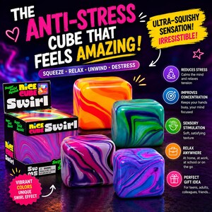 May include: An image of Nice Cube Swirl anti-stress cubes in vibrant colours with a unique swirl effect. The cubes are in orange, green, purple, and blue. The packaging box is also visible, with the text "Super Solid Squish!" and "Nice Cube Swirl".