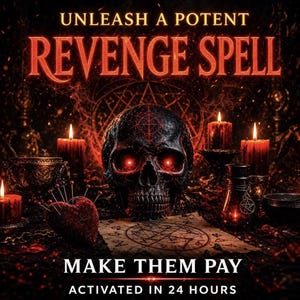 Op de afbeelding: Een duistere afbeelding met een gedetailleerde schedel met gloeiende rode ogen, omringd door brandende kaarsen en occulte voorwerpen. De tekst luidt "UNLEASH A POTENT REVENGE SPELL", "MAKE THEM PAY" en "ACTIVATED IN 24 HOURS". Een hartvormig speldenkussen en een perkamentrol zijn ook zichtbaar.