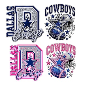 May include: Four graphic designs featuring the Dallas Cowboys logo, footballs, and helmets. Two designs are in blue, silver, and white, while two are in pink, silver, and white. Each includes the text Dallas Cowboys with glitter and rhinestone effects.