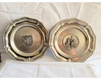 Vintage Sigg Switzerland Pewter Decorative Plates Set of 2 Geneve Coat of Arms