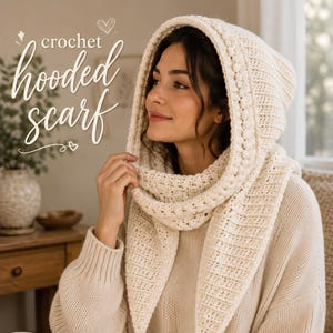 May include: A cream-colored crochet hooded scarf featuring a textured stitch pattern and a decorative bobble trim along the hood edge. The text "crochet hooded scarf" is printed in white script on the upper left side of the image.
