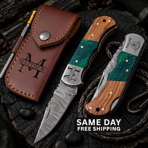 Personalized Handmade Damascus Pocket Knife, Father's Day Gifts for Husband, Groomsmen Gifts Anniversary Gift for Him, Men, Custom Men Gifts