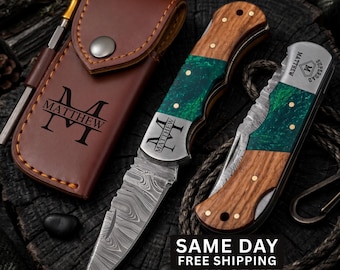 Personalized Handmade Damascus Pocket Knife, Father's Day Gifts for Husband, Groomsmen Gifts Anniversary Gift for Him, Men, Custom Men Gifts
