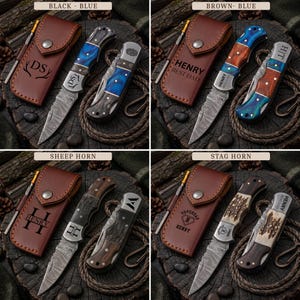 May include: Four sets of folding pocket knives with Damascus steel blades and leather sheaths. Each set features personalized engravings on the leather and knife handles, including names, initials, and symbols like antlers, fingerprints, and shields.
