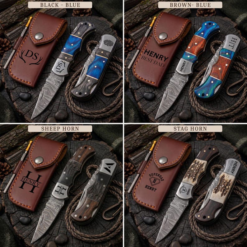 May include: Four sets of folding pocket knives with Damascus steel blades and leather sheaths. Each set features personalized engravings on the leather and knife handles, including names, initials, and symbols like antlers, fingerprints, and shields.