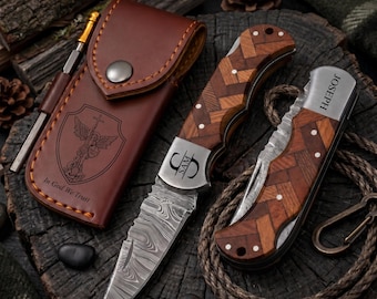 Personalized Archangel Michael Engraved Damascus Pocket Knife, Holy Sword & Shield Design, Religious Knife, Christian Gift for Men