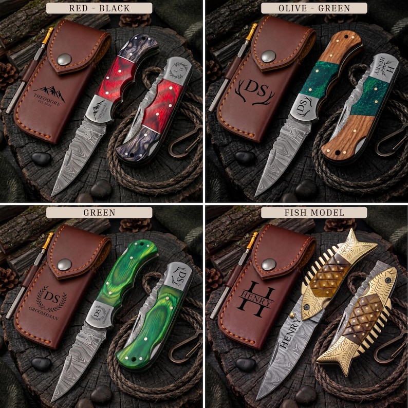 May include: Four sets of folding pocket knives with Damascus steel blades and matching leather sheaths. Each set features personalized engravings on the blade and sheath, including names and initials. The handles vary in color and shape, including red, green, and fish-shaped designs, displayed on a dark wood surface.