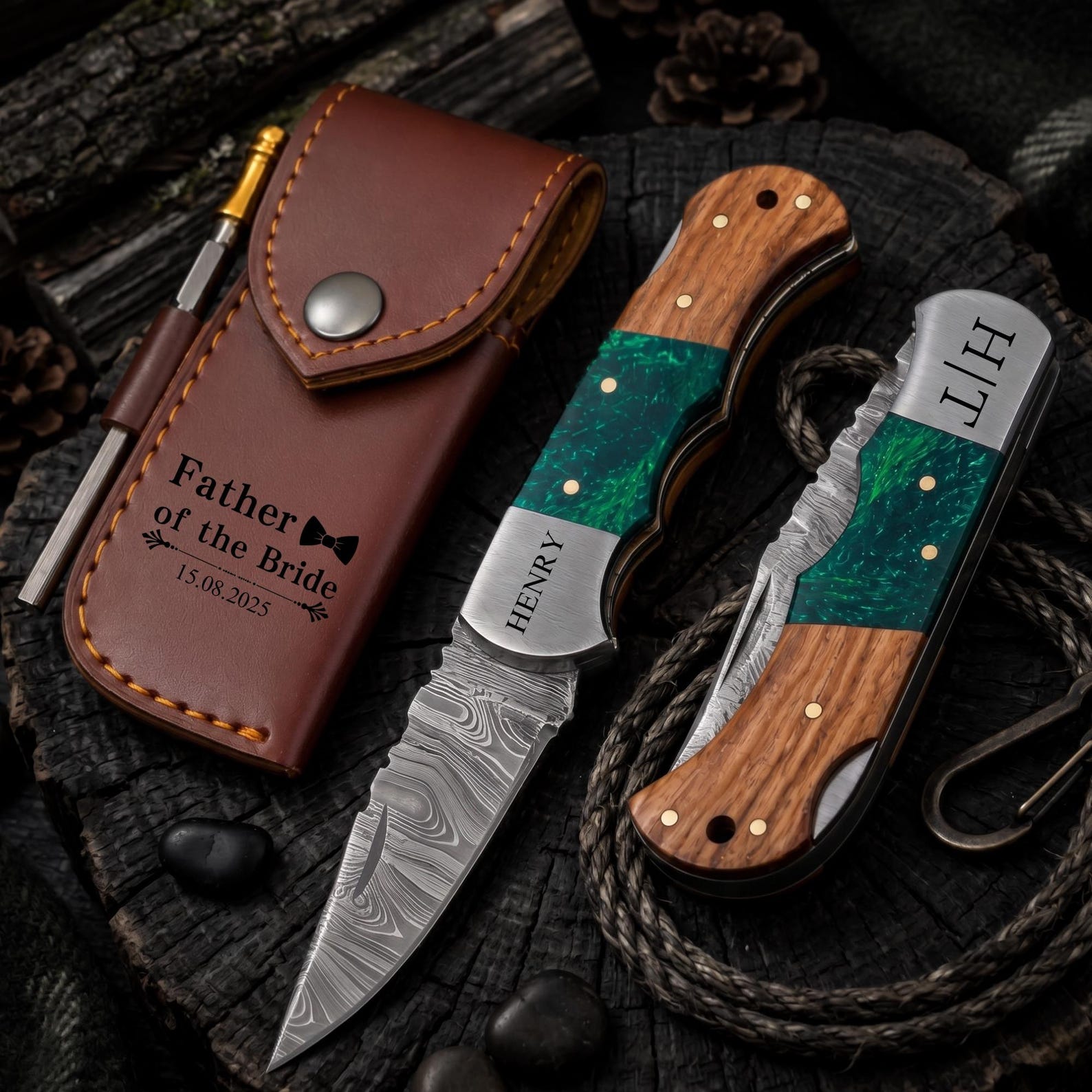 Father of the Bride Gift, Wedding Gift for Father of the Groom, Personalized Damascus Pocket Knife, Engraved Knife, Wedding Gift for Dad