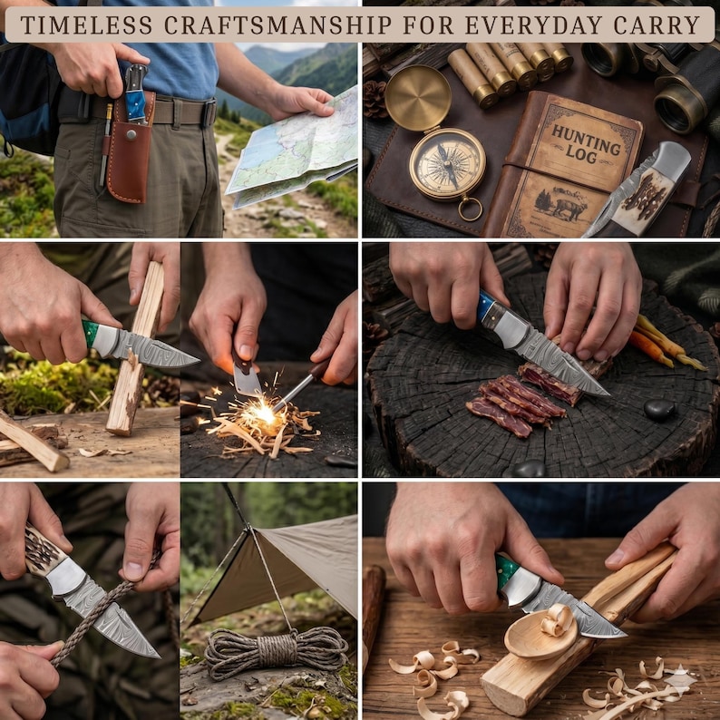May include: A folding pocket knife with a Damascus steel blade and a blue handle, shown in various outdoor settings including cutting wood, slicing meat, and striking a fire starter. The text reads: TIMELESS CRAFTSMANSHIP FOR EVERYDAY CARRY.