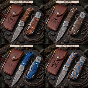 May include: Four sets of folding pocket knives with Damascus steel blades and wooden handles, each paired with a personalized leather sheath. The knives feature various handle patterns including herringbone and solid wood, with engraved text and dates.