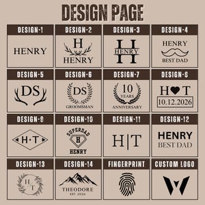 May include: A grid of sixteen black graphic design options on a light brown background, labeled Design 1 through 14, Fingerprint, and Custom Logo. The designs feature various combinations of names, dates, initials, and symbols like hearts, mountains, and wreaths.