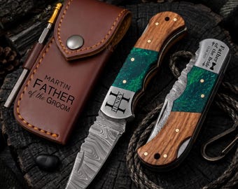 Father of the Groom Gift, Personalized Damascus Pocket Knife, Engraved Knife, Wedding Gift for Dad, Handmade Pocket Knife, Best Man Gift