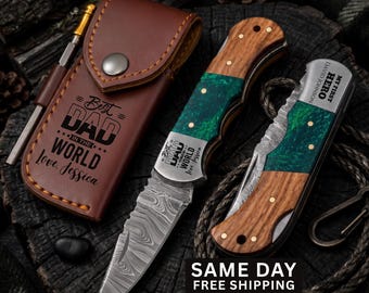Father's Day Gift for Dad, Custom Engraved Damascus Pocket Knife with Leather Sheath, Birthdays of Children, Gift from Wife, Daughter, Son