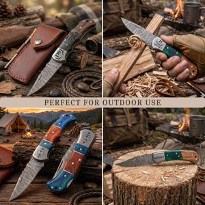 May include: A collection of folding pocket knives featuring Damascus steel blades and handles crafted from wood and colored resin. Some handles are personalized with engraved names like Henry or initials like DS and H.T. alongside antler motifs.