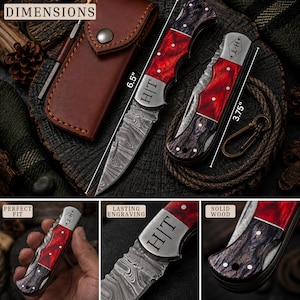 May include: A folding pocket knife with a Damascus steel blade and a handle featuring red and dark wood segments. The metal bolster is engraved with the letters H|T. The knife measures 6.5 inches when open and 3.75 inches when closed.