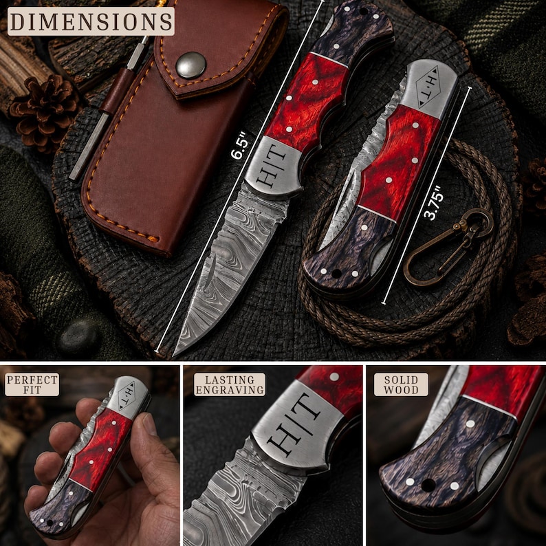 May include: A folding pocket knife with a Damascus steel blade and a handle featuring red and dark wood segments. The metal bolster is engraved with the letters H|T. The knife measures 6.5 inches when open and 3.75 inches when closed.