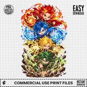 May include: A digital illustration featuring four anime-style characters stacked vertically, each representing an element: red fire, blue water, yellow lightning, and green earth with rocks. Text includes PNG DIGITAL DESIGN, EASY DOWNLOAD, and COMMERCIAL USE PRINT FILES INSTANT DOWNLOAD.