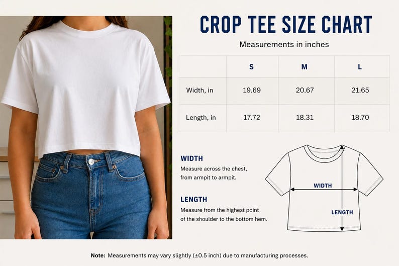 May include: A white crop tee shirt with a crew neck, paired with blue jeans. The image includes a size chart with measurements in inches for width and length. The chart shows sizes S, M, and L.