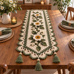 Può includere: Un runner da tavola rettangolare all'uncinetto con base color crema e un motivo floreale centrale di margherite bianche con centri gialli e foglie verdi. I bordi smerlati in verde e crema sono rifiniti con tre nappe in filato verde.
