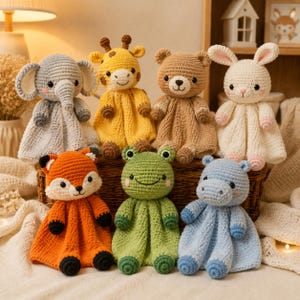 May include: A collection of seven crocheted animal security blankets featuring an elephant, giraffe, bear, rabbit, fox, frog, and hippo. Each plush toy has a soft, textured body with a stuffed head and arms, crafted in various colors including gray, yellow, brown, white, orange, green, and light blue.