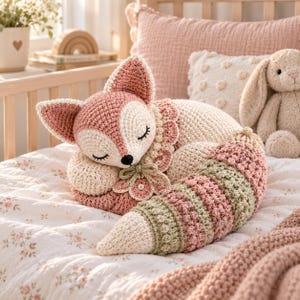 May include: A crocheted fox plush toy featuring a sleeping expression with closed eyes, a pink and cream color palette, and a textured tail with alternating pink and sage green stripes. The fox wears a decorative scalloped collar with a small bow.