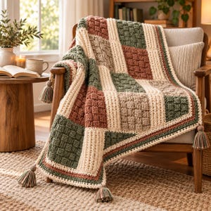 May include: A crochet throw blanket featuring a patchwork design of square blocks in sage green, terracotta, and cream. The blanket has a textured basketweave pattern, ribbed borders, and decorative tassels at each corner of the fabric.