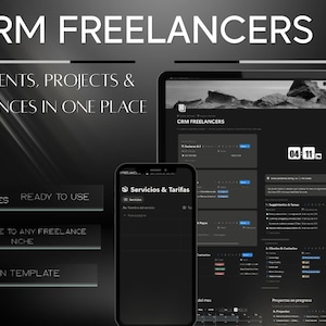 May include: A digital CRM Freelancers Notion template displayed on a tablet and smartphone screen. The interface features dark mode with white text, including the headings CRM FREELANCERS, CLIENTS, PROJECTS & FINANCES IN ONE PLACE, and 7+ DATABASES.