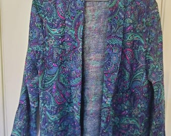 Blazer/giacca vintage anni '80/'90 con illustrazioni e motivo paisley, 100% rayon, taglia S.