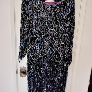 swee lo sequin dress Vintage SWEE LO Black Hand Sequin Beaded Slim Fit Evening Party Dress L