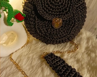 Conjunto de Bolsa Transversal de Crochê Feita à Mão | Bolsa Boho Preta de Crochê | Bolsa de Fio Grosso