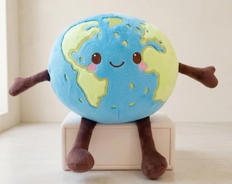 Happy Earth Plush Toy, Adorable Space Planet Plushie, Cuddly Science Globe Cushion