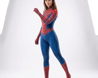 May include: A full-body spandex bodysuit featuring a red and blue color scheme with a black spiderweb pattern. The garment includes long sleeves, integrated gloves, and foot coverings, with a prominent spider emblem on the chest area.