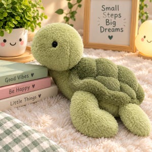 Puede incluir: Un juguete de peluche de tortuga con pelaje suave de color verde claro, cabeza redondeada y caparazón texturizado. La tortuga tiene ojos negros pequeños y está colocada junto a una pila de tres libros con el texto Good Vibes, Be Happy y Little Things.