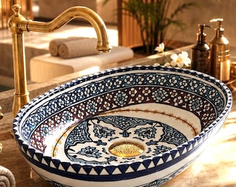 Hand-Painted Moroccan Oval Ceramic Vessel Sink | Handmade Artisan Bathroom Basin | Luxury Countertop Wash Bowl