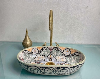 Moroccan Ceramic Oval Sink – Black White Hand-Painted Vessel