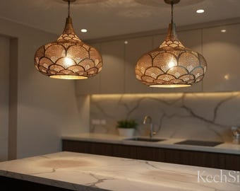 Moroccan Brass Pendant Light – Handcrafted Pierced Teardrop Boho Lamp