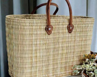 Woven Straw Market Tote, French Style Leather Handle Basket, Beach Summer Shopper