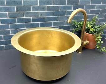 Unlacquered Brass Bar Sink, Handmade Moroccan Vanity Sink with Brass Drain