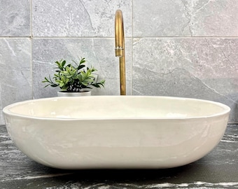 Lavabo ovale in ceramica fatto a mano, lavabo artigianale marocchino, piano d'appoggio per mobile bagno in stile rustico moderno