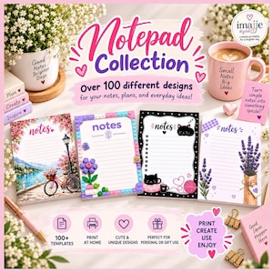 May include: A digital notepad collection featuring over 100 printable designs. The display shows four lined notepads with various illustrations including a bicycle, building blocks, a black cat, and lavender, alongside mugs and stationery.