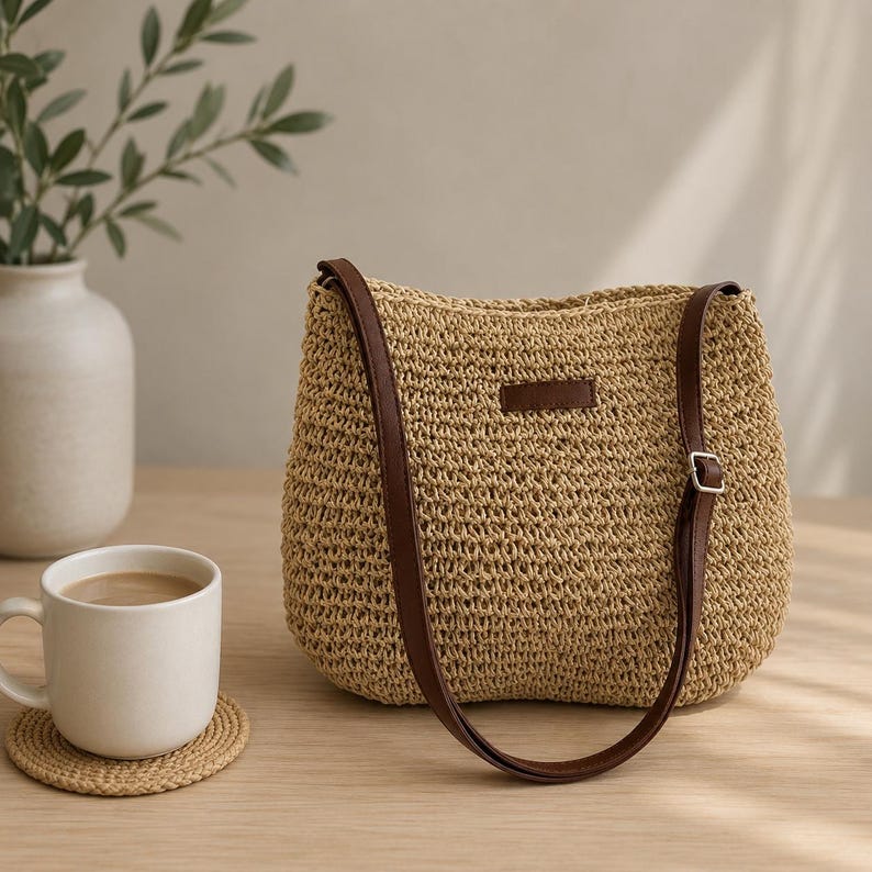 May include: A beige woven straw shoulder bag featuring a dark brown faux leather adjustable strap with a silver-toned metal buckle and a small rectangular dark brown faux leather patch centred on the front of the bag body.