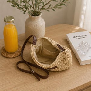 Handwoven Straw Shoulder Bag | Boho Woven Tote Purse | Natural Raffia Style Handbag for Women image 9
