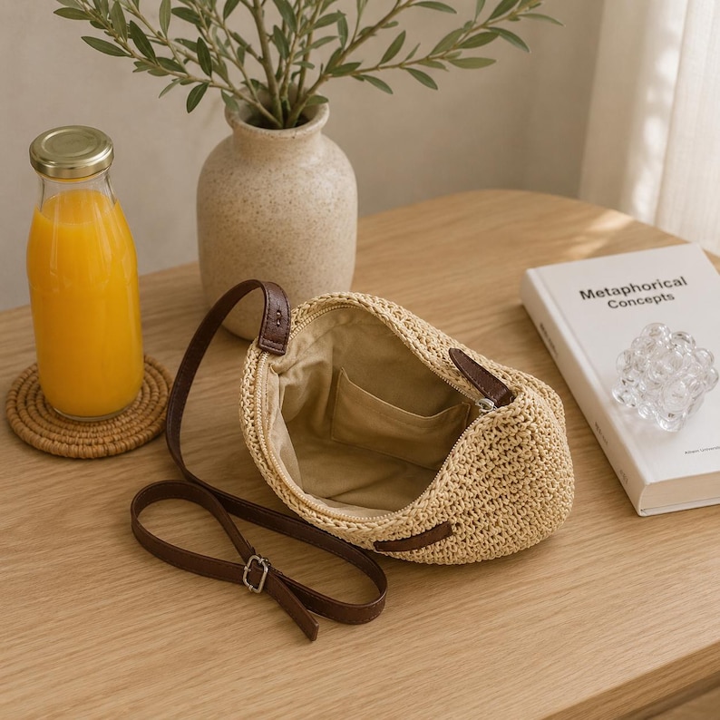 Handwoven Straw Shoulder Bag | Boho Woven Tote Purse | Natural Raffia Style Handbag for Women image 9