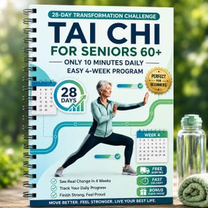 May include: A spiral-bound book titled 28-Day Transformation Challenge Tai Chi for Seniors 60+ with a light blue cover. The cover features a person in a lunge pose, a 28-day progress graphic, two calendar grids, and text detailing a 4-week program.