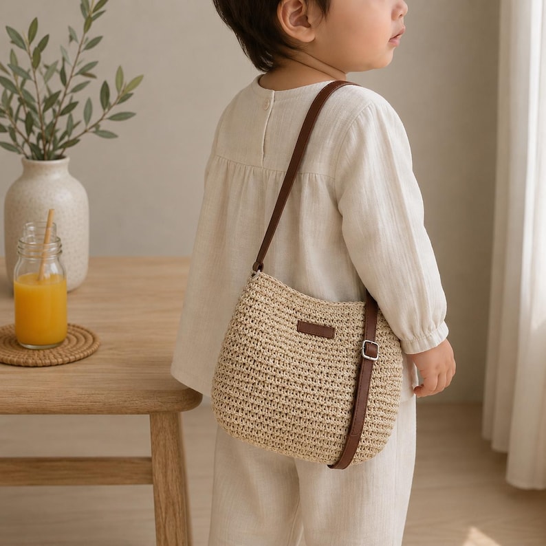 May include: A beige woven straw crossbody bag with a brown leather-look strap and a small rectangular brown patch on the front. The bag features a silver-toned metal buckle on the strap for length adjustment and a simple, structured design.