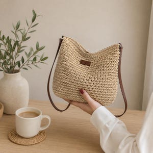 Handwoven Straw Shoulder Bag | Boho Woven Tote Purse | Natural Raffia Style Handbag for Women image 5