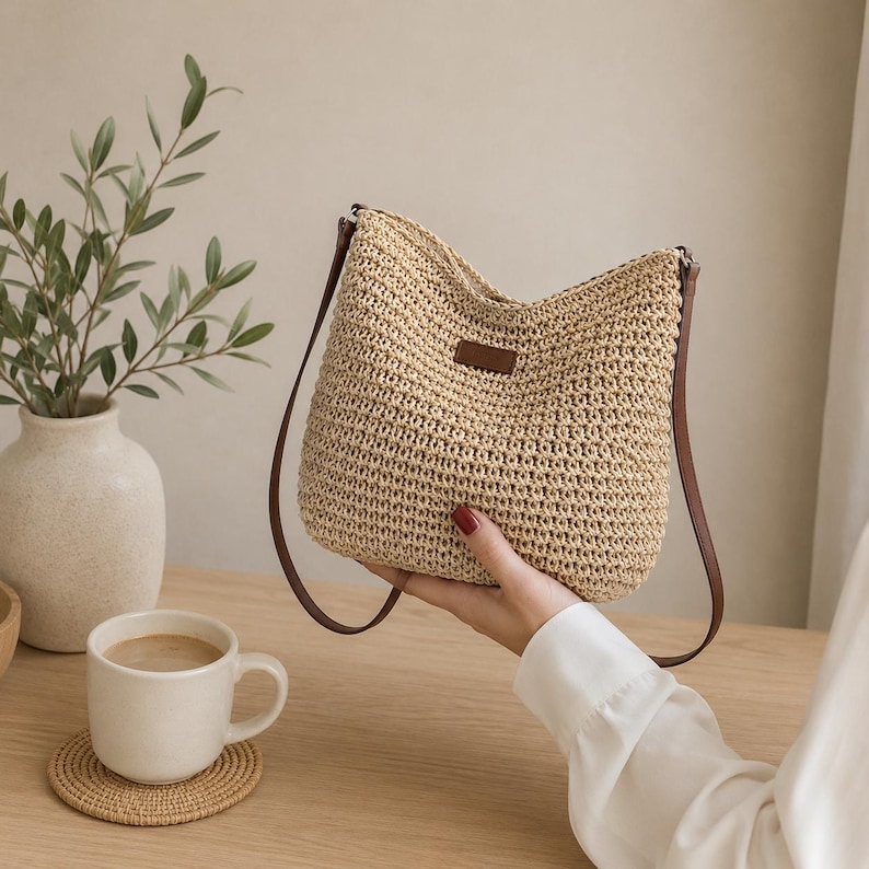 Handwoven Straw Shoulder Bag | Boho Woven Tote Purse | Natural Raffia Style Handbag for Women image 5
