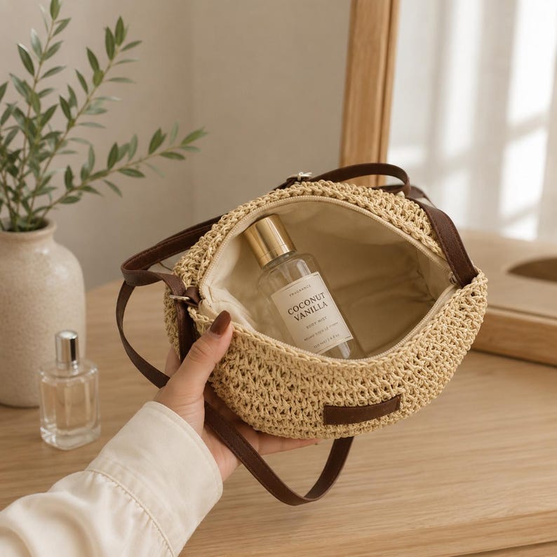 Handwoven Straw Shoulder Bag | Boho Woven Tote Purse | Natural Raffia Style Handbag for Women image 8